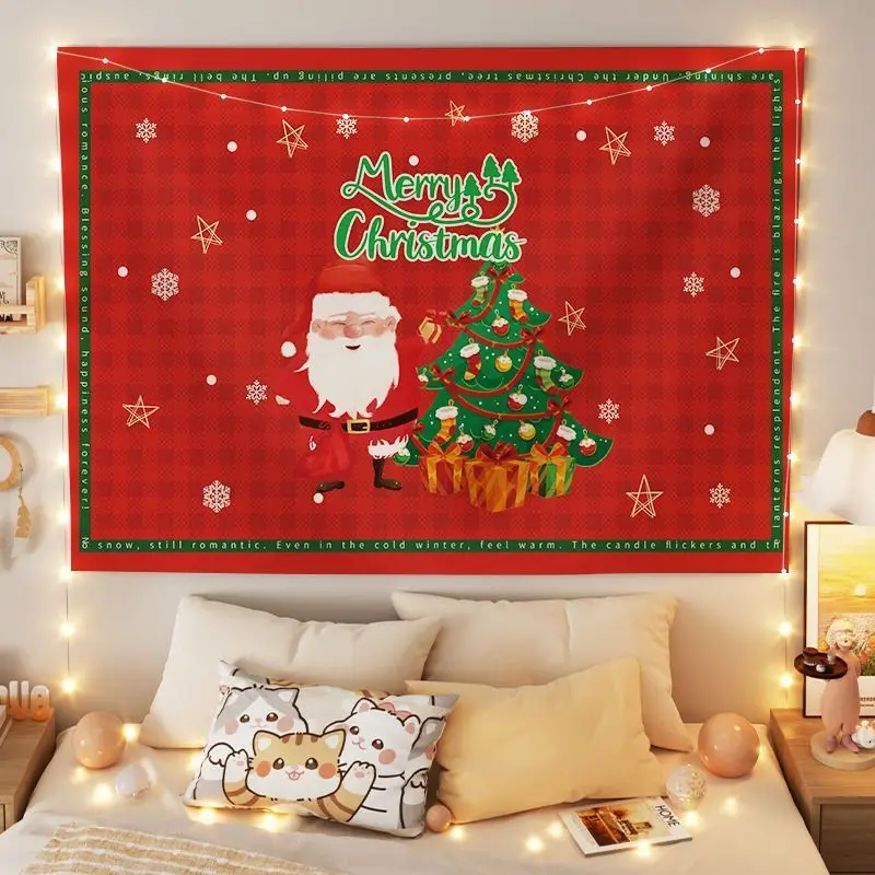 VIKAMA Wall Tapestry Red Plaid Merry Christmas Santa Snowflake Star Winter Holiday Wall Hanging Home Decor Living Room Bedroom