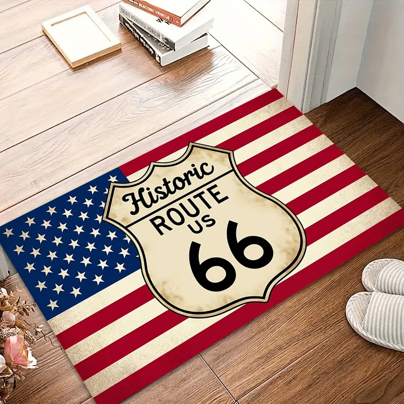 Historic Route 66 Doormat American Flag USA Floor Mat Living Room Bedroom Entrance Welcome Mat Decor Rug