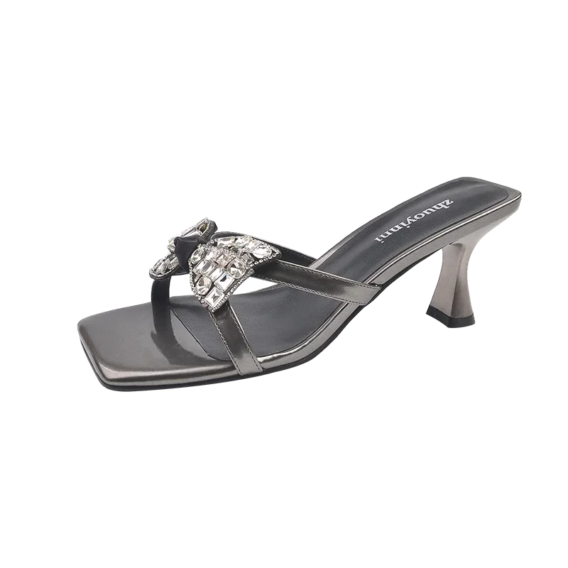 2025 Zapatillas de verano con punta abierta para Mujer, moda con nudo de mariposa de cristal, nuevo superventas para exteriores, tacones elegantes para Mujer