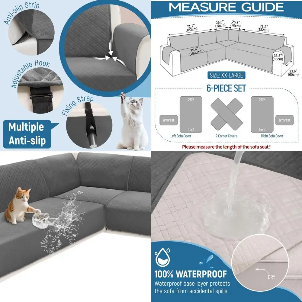 

Velvet Quilted L-Shaped Sectional Sofa Cover - Waterproof, Pet & Kid-Friendly, Non-Slip, Dark Grey XXLarge
