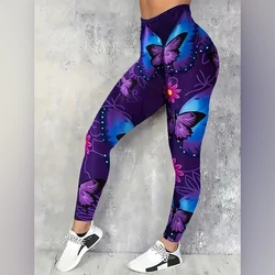 Butterfly print stretch slim elastic waist casual leggings for women