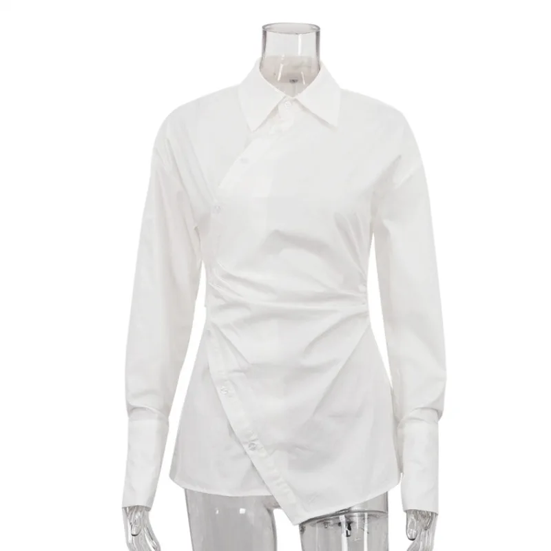 

Cotton White Lapel Long Sleeve Waist Women's Shirt Cross Design Irregular Cardigan Top