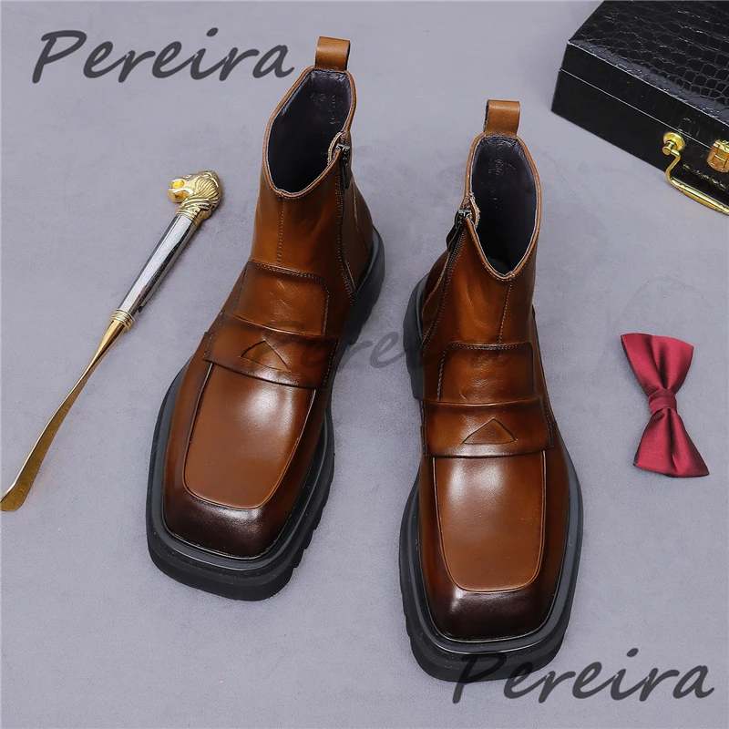 British Style Genuine Leather Chelsea Boots Men's Square Toe Side Zipper Thick Soled Short Boots Autumn Winter Warm Causal Shoes