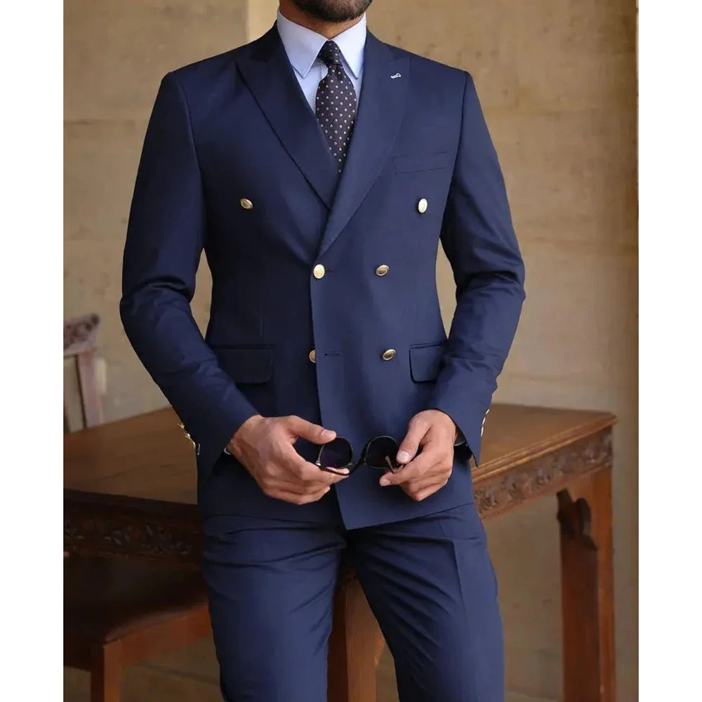 

High End Wedding Men Suits Elegant Groom Outfits Set Navy Blue Double Breasted Peak Lapel 2 Piece Jacket Pants Costume Homme