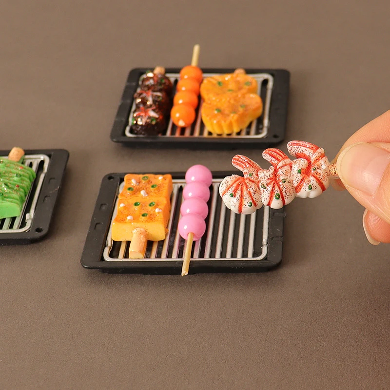 1Set 1:12 Dollhouse Miniature Barbecue Grilled Skewers W/Tray Food Model Kitchen Decor Toy Doll House Accessories