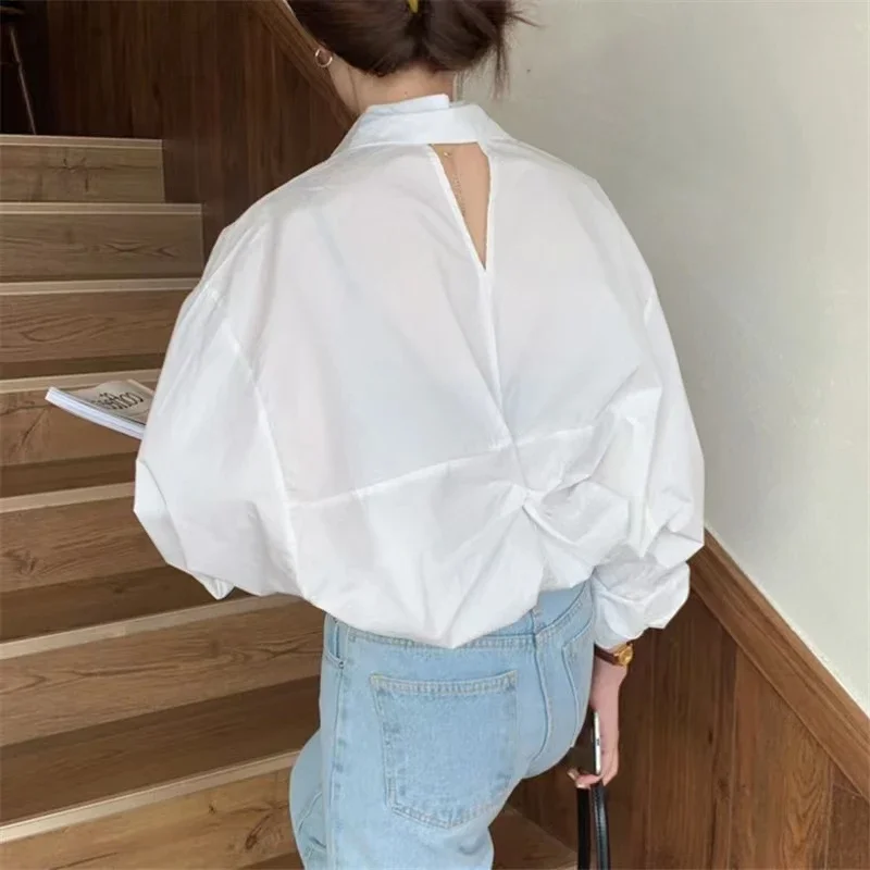 2024 Women's Blouse White Back Twisted Pleated Chic Long Sleeve Top Piece Loose Oversized Shirt Korean Version Camisas X694