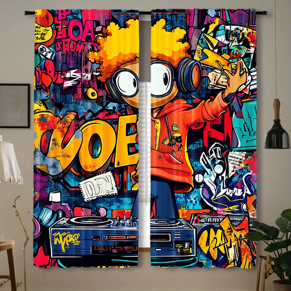 Graffiti Hip Hop Curtain, Cool DJ Boombox Window Drape, Urban Street Art Decor for Teen Boy Room, Colorful Blackout Fabric