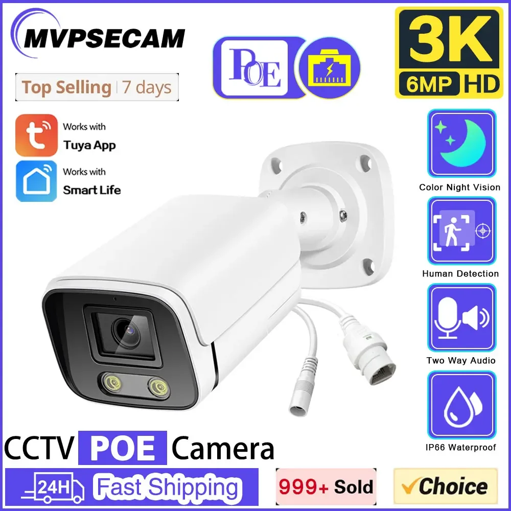 6MP IP Camera 3K ColorVu Bullet 24/7 Colorful Imaging Full Color Night Vision PoE Built-in MIC TF Card Video Surveillance TUYA