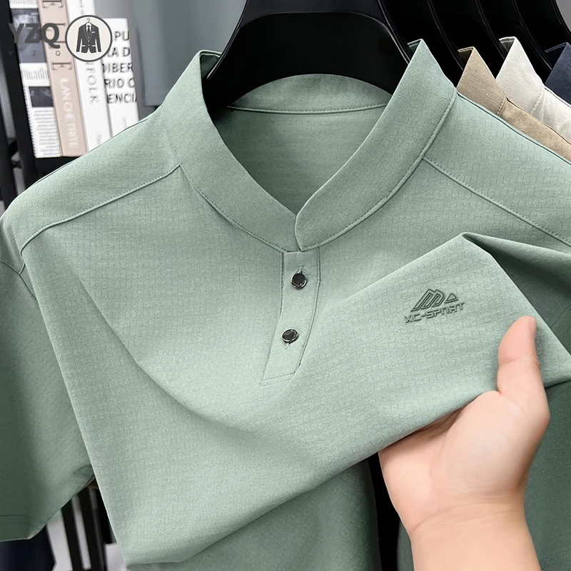 Mens Sport Mandarin Collar Style Short Sleeve Polo Shirt Casual Tops With Buttons Soft Lightweight Mesh Tees For Men - view 3