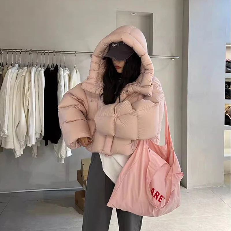 2024 nova jaqueta de inverno feminina com capuz estilo coreano grosso quente solto bolha casacos de algodão feminino sólido casual curto puffer parkas