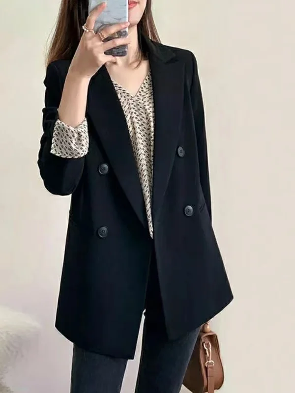 plus Size Black Suit Jacket for Women Casual Mid-Length Loose Fit Professional Style Autumn Wear Korean Style Commute Fashion