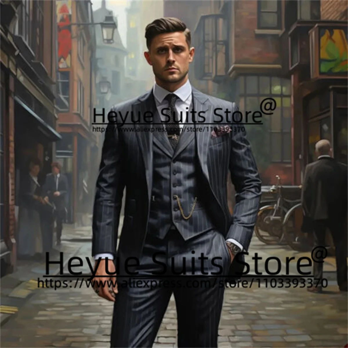 Business Stripe Elegant Men Suits Slim Fit Notched Lapel Groom Formal Tuxedos 3 Pcs Sets Office Work Male Blazer Costume Homme