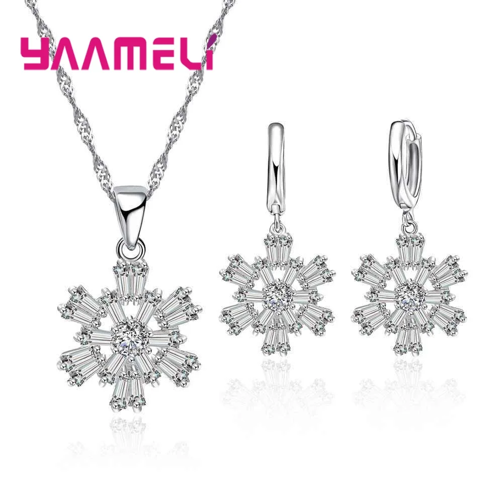 

Новая мода в форме снежинки, ожерелье из стерлингового серебра 925 пробы, комплект серег, женские ювелирные изделия для свадебной вечеринки, прозрачный CZ
