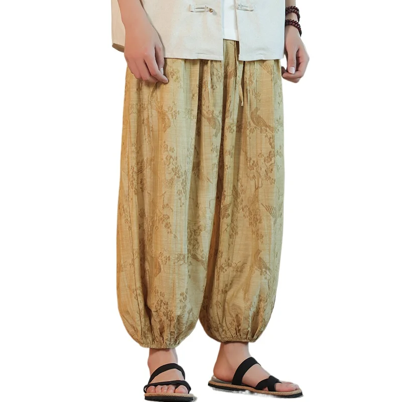 

Men Summer Asian Style Jacquard Vintage Loose Casual Lightweight Plus Size Wide Leg Casual Harem Pants Ankle-length Trousers