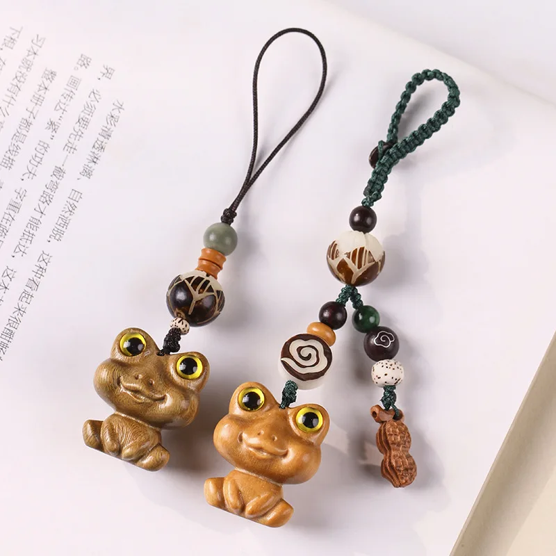 Healing Series Cute Fun Cartoon Big Eyes Frog Sandalwood Wooden Chinese Ancient Style Decorative Pendant Phone Straps