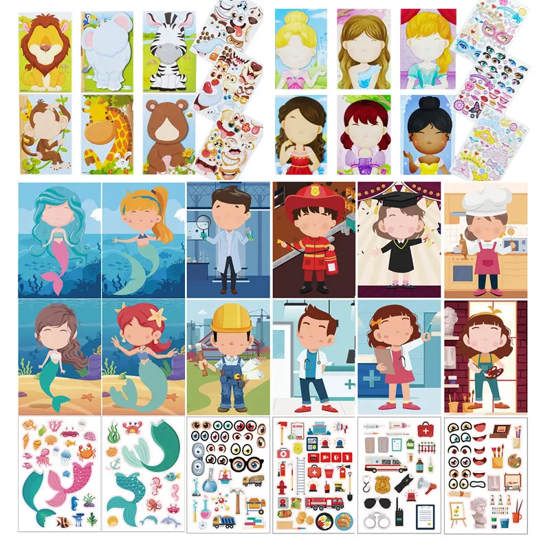 9 stylów Dzieci Dzieci Twórz własne twarze Naklejki Kreatywne DIY Gry logiczne Księżniczki Zwierzęta Dinozaury Dziewczynki Chłopcy Impreza Ulubiony prezent