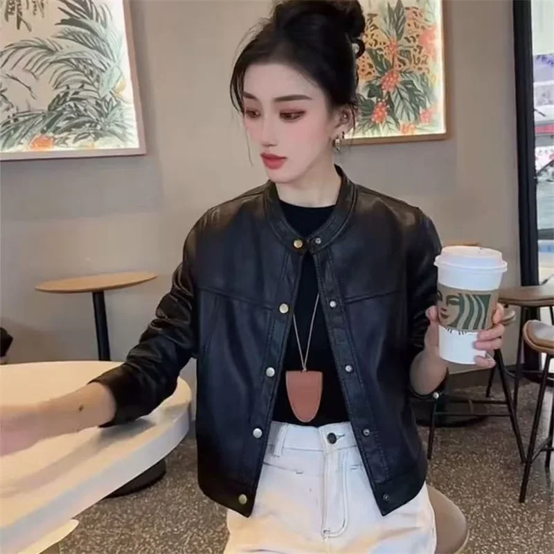 Autumn Femme Stand Collar Faux Leather Outwear Lady Large Size 4XL Leather Tops Coat Korean Women Long Sleeves PU Leather Jacket 5