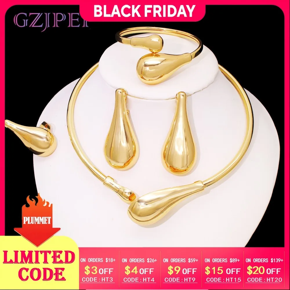 

GZJPEI 4Pcs/Set Gold/Silver Color Jewelry Set Classic Water Drop Necklace Cuff Bracelet Chunky Big Earring For Women Party Gifts