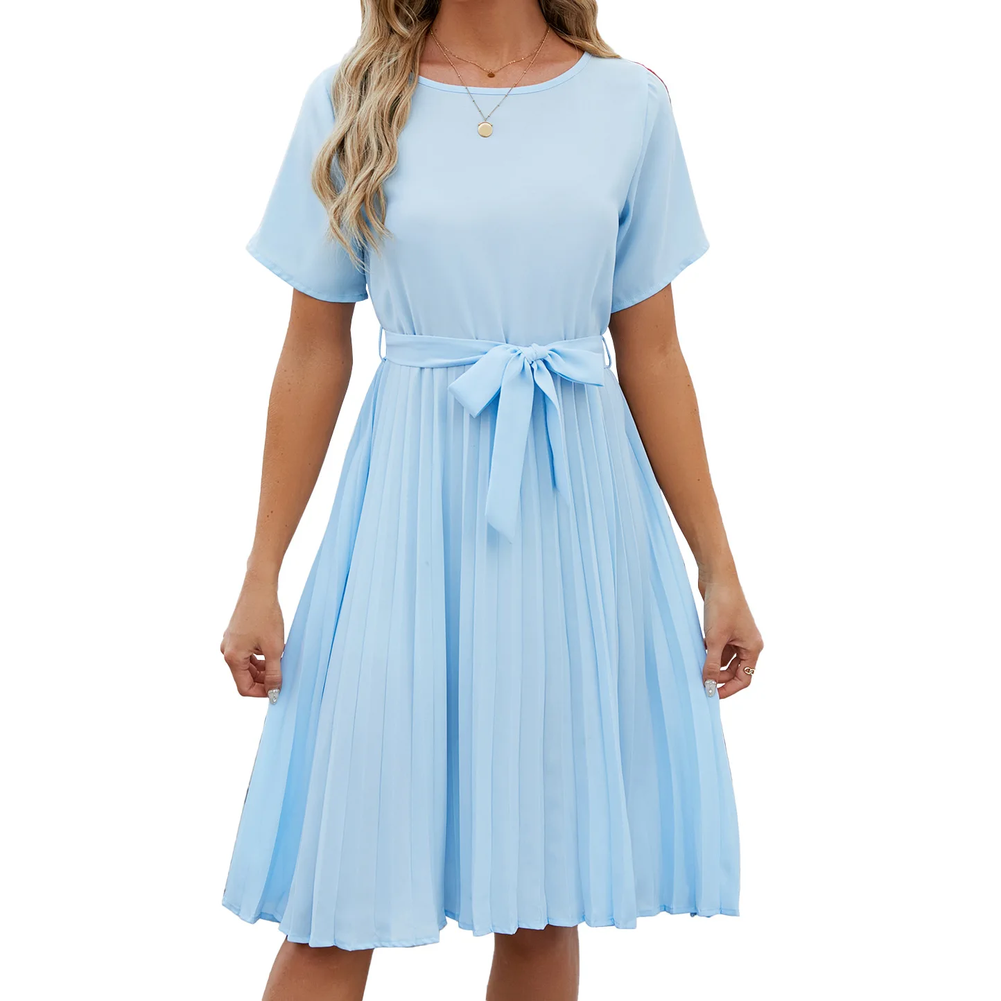 

Women's Short Sleeve Medium Pleated Dress, Monochromatic, Round Neck, Lace Up, Summer