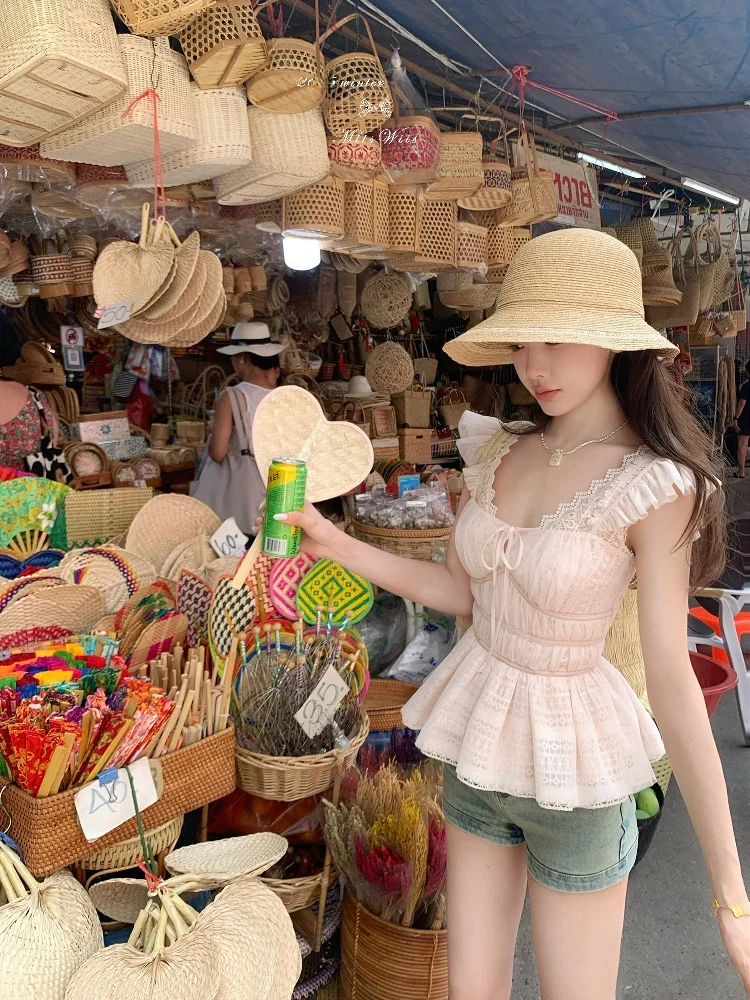 

Miss Wei's Cus-Dyed Lace irt Chiffon Me Sve Texture Slimming Top Summer Original Design Pure Color Polyester