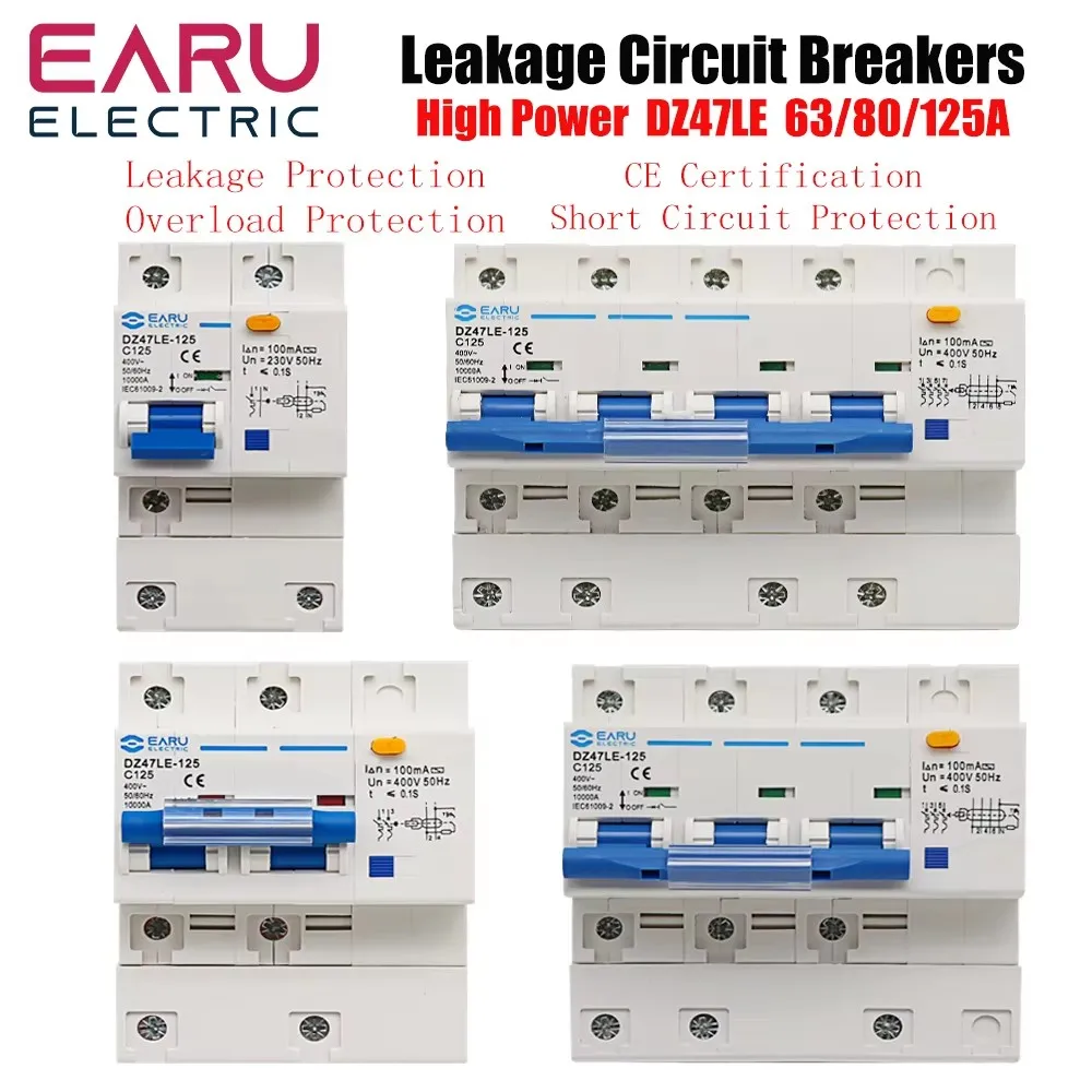 

DZ47LE-125 1P+N 2P 3P 4P AC230V 400V 80A 100A 125A MCB RCCB RCBO Overload Short Circuit Leakage Protection Circuit Breaker