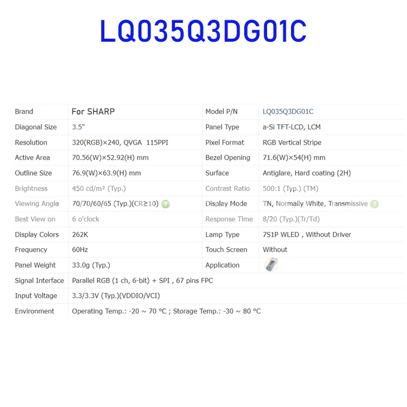 Painel de tela LCD para Sharp, original, novo, totalmente testado, LQ035Q3DG01C, TFT-LCD, 67 pinos, 3.5 ", 320x240