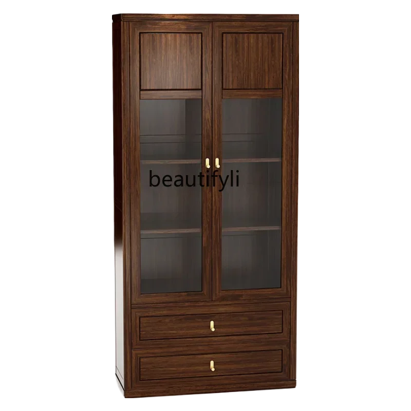 

New Chinese ebony solid wood bookcase combination with glass door simple storage cabinet