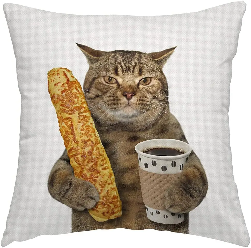 Swono Funny Cat Throw Pillow Cover The Cat is Holding a Cup of Black Coffee and a Baguette Decorative Pillow Case Home