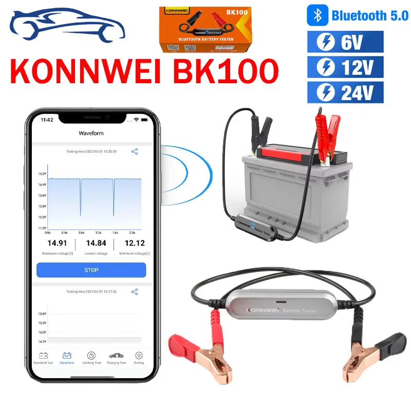 KONNWEI BK100 Bluetooth 5.0 Car Motorcycle Battery Tester 6V 12V Battery Monitor 100 to 2000 CCA Charging Cranking Test Tools