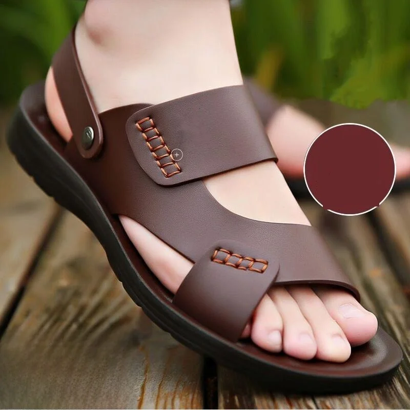 Men's Summer Casual Leather Sandals Soft Bottom Anti-Slip Beach Shoes Large Size Casual Two-Way Outdoor Wear Slip-On Slippers