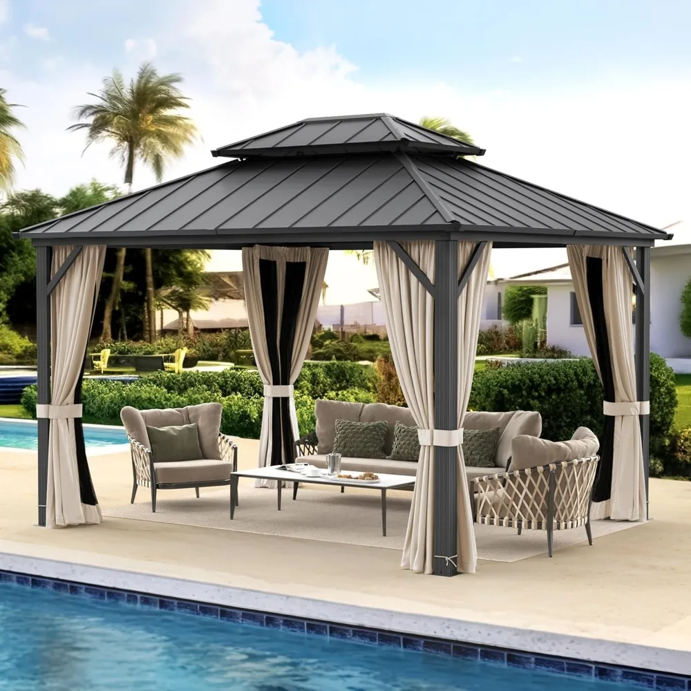 

10x12 Hardtop Gazebo, Galvanized Steel Double Roof Permanent Gazebo Pavilion with Aluminum Frame, Outdoor Metal Gazebo