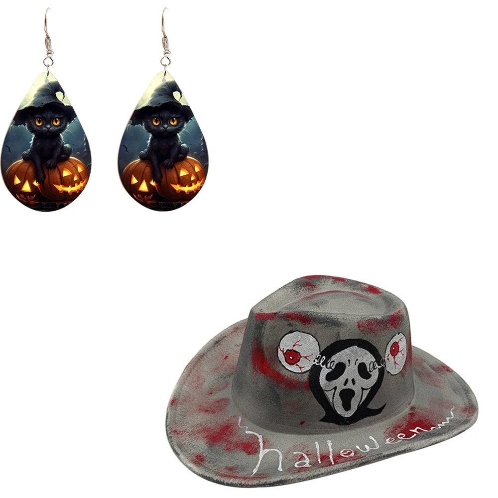 2023 New Halloween Christmas Pie Earrings Pair Hand Painted Colorful Denim Hat Skull Pattern Denim Hat