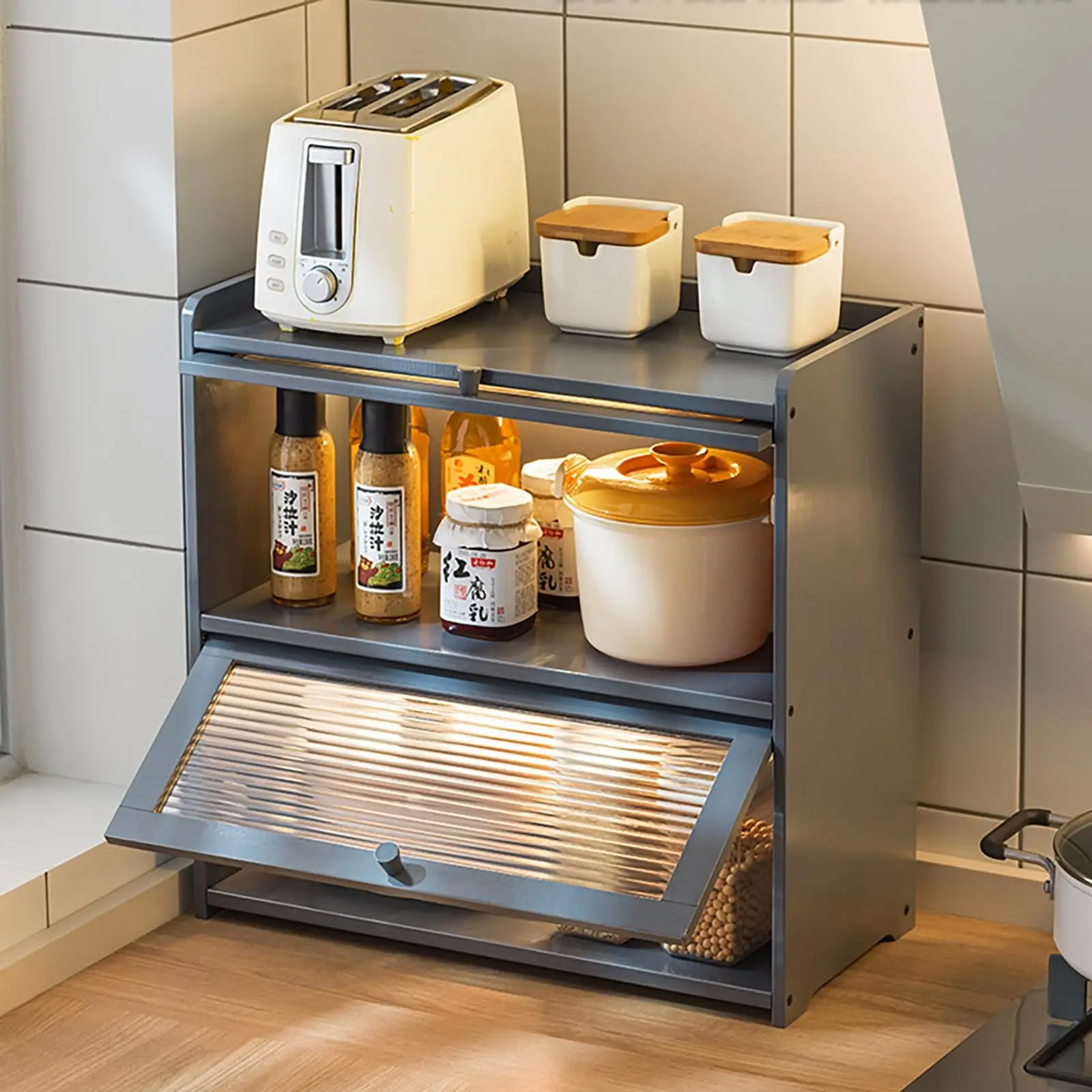 Gdrasuya10 Bamboo Countertop Pantry Cabinet, 2 Tier Kitchen Pantry Storage with Doors, Spice Organization Shelf for Bowls, Cups,