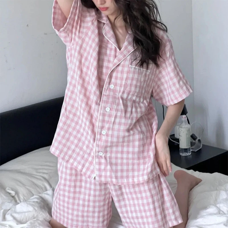 Summer Pajamas Women\'s Pajamas Set Sleepwear Girls Plaid Homewear Femme Nightwear Button Tops and Shorts Pajama