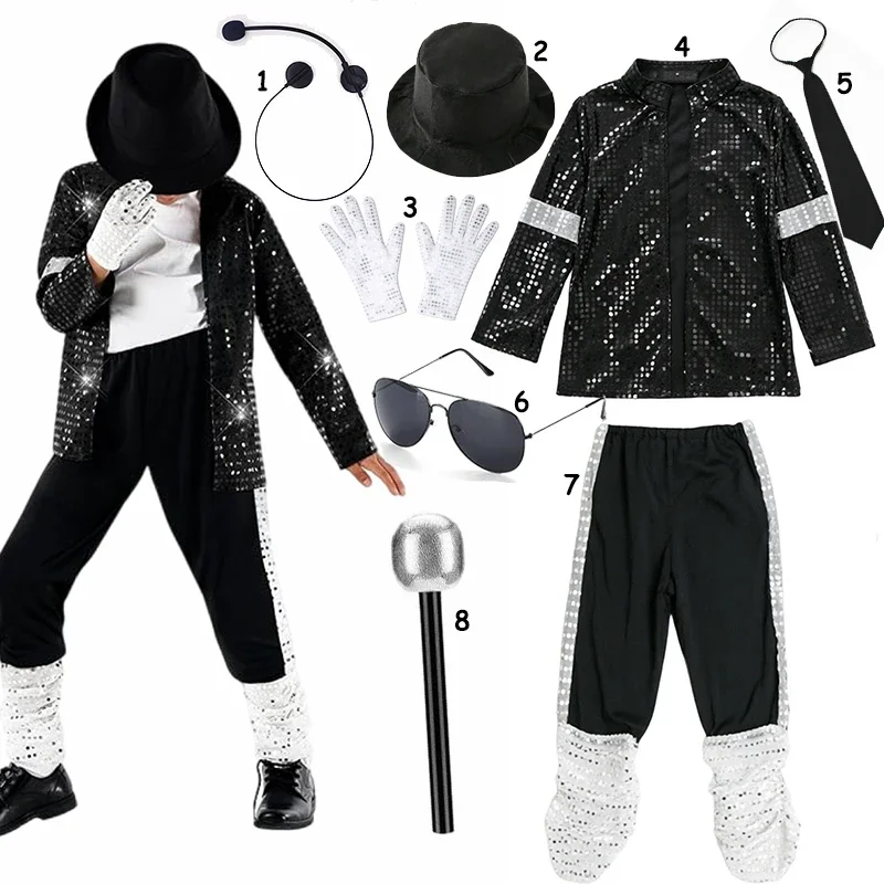 Kinder Jungen Mädchen 70er 80er Jazz-Tanzkostüm Retro Sänger Bühnenoutfit Roter Reißverschlussmantel Rote Hose Komplettes Zubehörset – Detail 4