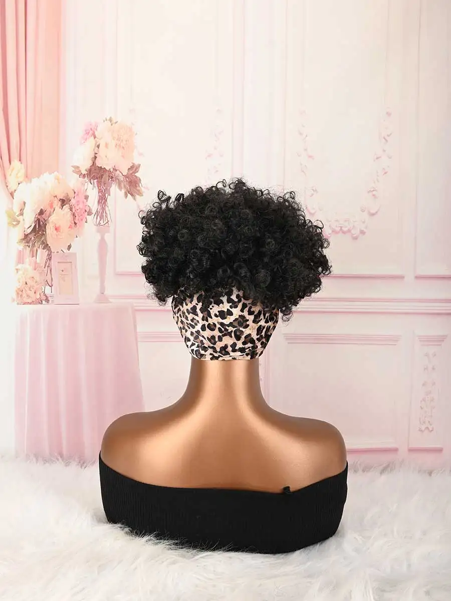 Headband Wig Curly Headband Wig With Bangs For Women Synthetic Afro Curly Hair Wig With Headband Attached Short Kinky Curly Afro High Puff With Bangs Stripes Short Red Curly Wigs with Bangs for Women, Natural Wavy Synthetic Hair, Fluffy Pixie Cut