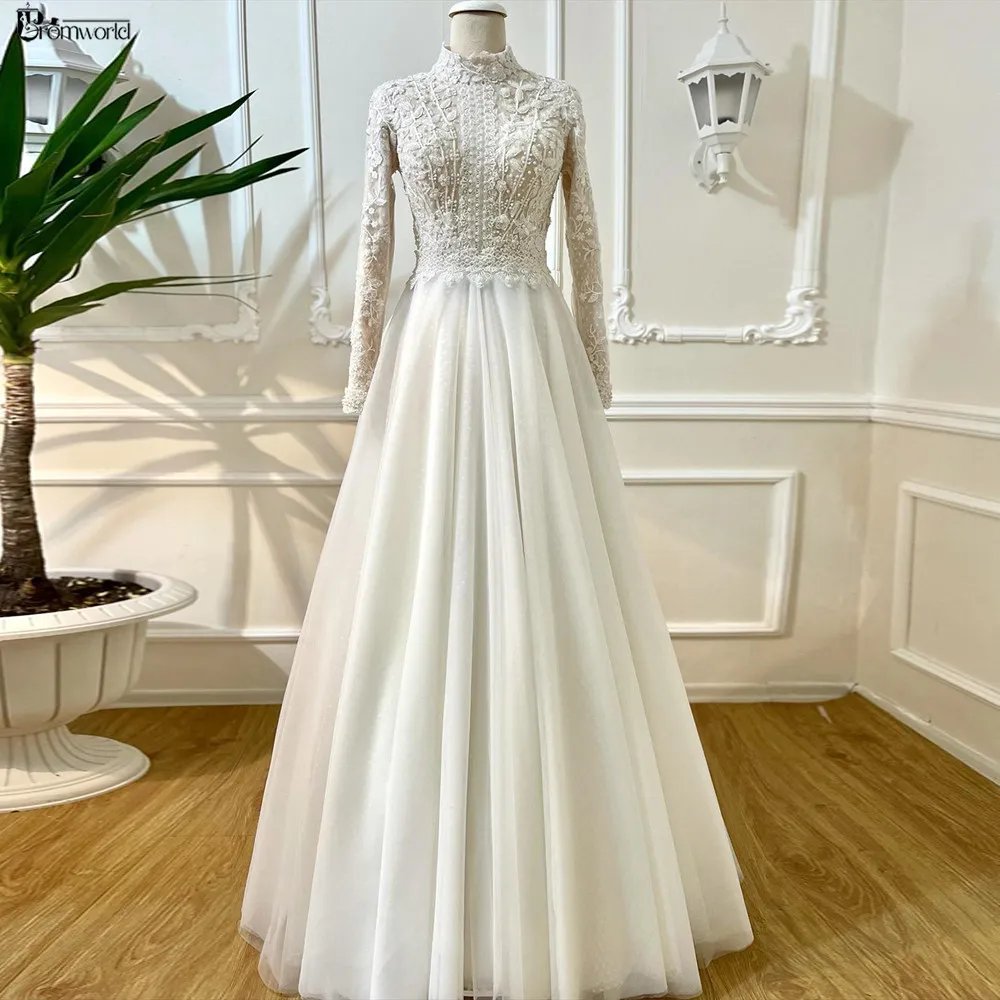 Princesa frança vestidos de casamento para noiva 2025 a linha rendas dubai muçulmano vestido de noiva com mangas vestido de casamento