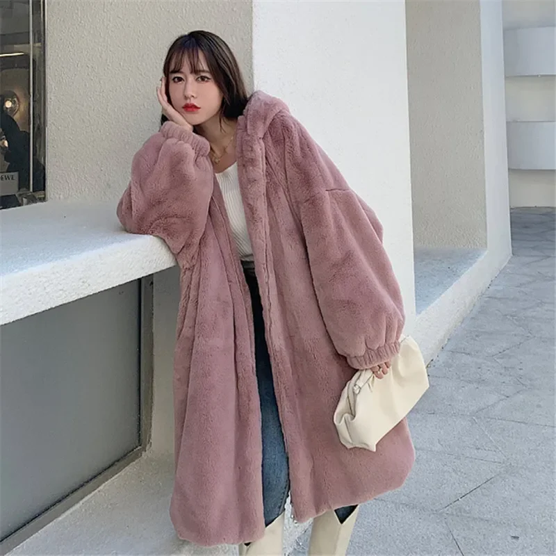 

Autumn Winter Thick Zipper Hooded Long Fur Coat Women Loose Overcoat Fashion 6 Color Long Sleeve Rabbit Fur Jacket Coat Female