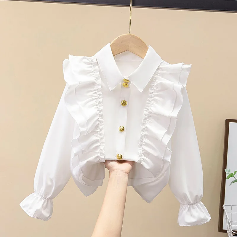 Girls' Shirt 2025 New Style Spring and Summer Solid Color Shirt Girls' Long Sleeved Fashion and All-match Kids Top Clothes