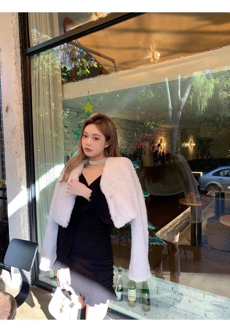 Chic V Neck Cropped Faux Rabbit Fur Jacket Women Elegant Single Button Plush Coats Woman Autumn Winter Fluffy Fleece Outerwear