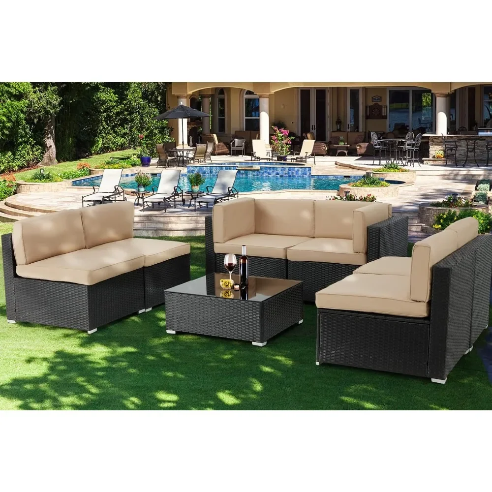 7 Piece Outdoor Patio Furniture Set,Black PE Rattan Wicker Sofa Set, Outdoor Sectional Chair Set with Cushions and Tea Table