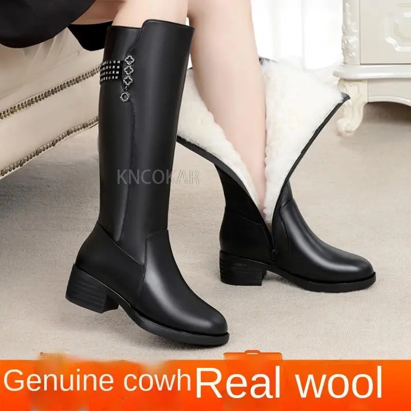 Leather boots winter h wool high boots mid-heel boots thick-soled large size women\'s cotton boots thick-heel mother shoes