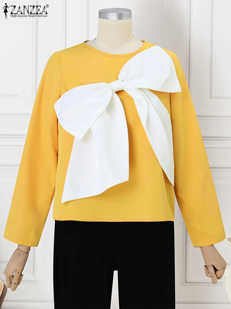 

ZANZEA Fashion Long Sleeve Blouse 2025 Autumn Women Korean Tunics Casual Bownot Blusas Sweety Round Neck Color Patchwork Tops