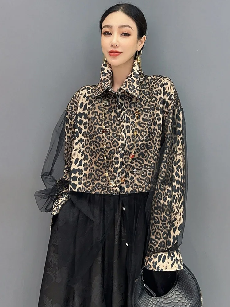 SHENGPALAE 2024 Summer New Fashion Chic Women Shirt Long Sleeve Leopard Pattern Elegant Loose Casual Splicing Mesh Blouse 5C1308