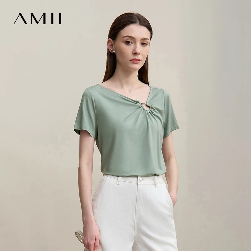 

Женская футболка Amii 2026: Новинка лета, асимметричный вырез, металлический акцент, присборенная эластичная ткань, антибактериальная, с коротким рукавом, топ 12622155