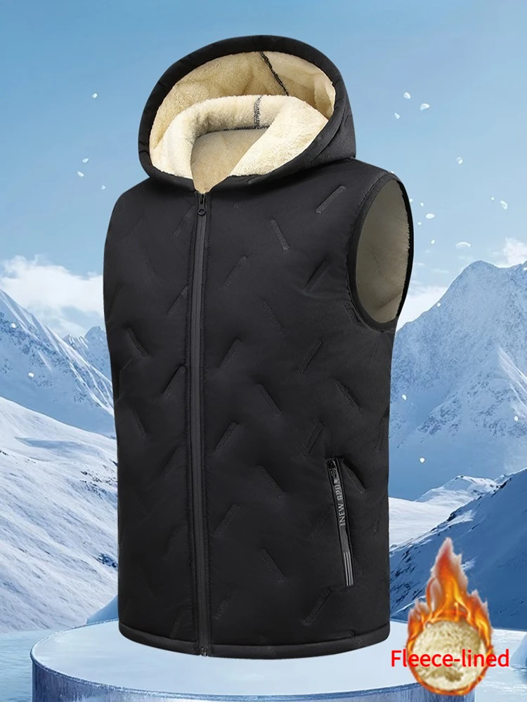 

European size Men's Hooded Vest Thermal Padded Winter Jacket Fleece Lined Waistcoat Autumn Warm Quilted Jacket Puffer Vest