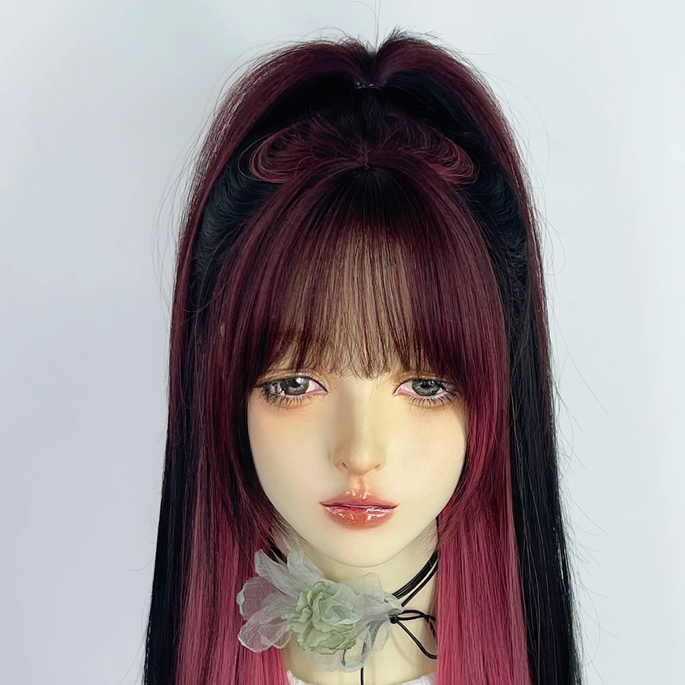 VICWIG Black Pink Highlights Long Straight Synthetic Wig Double Color Hair Girl Cosplay Daily Use With Bangs Lolita Wigs