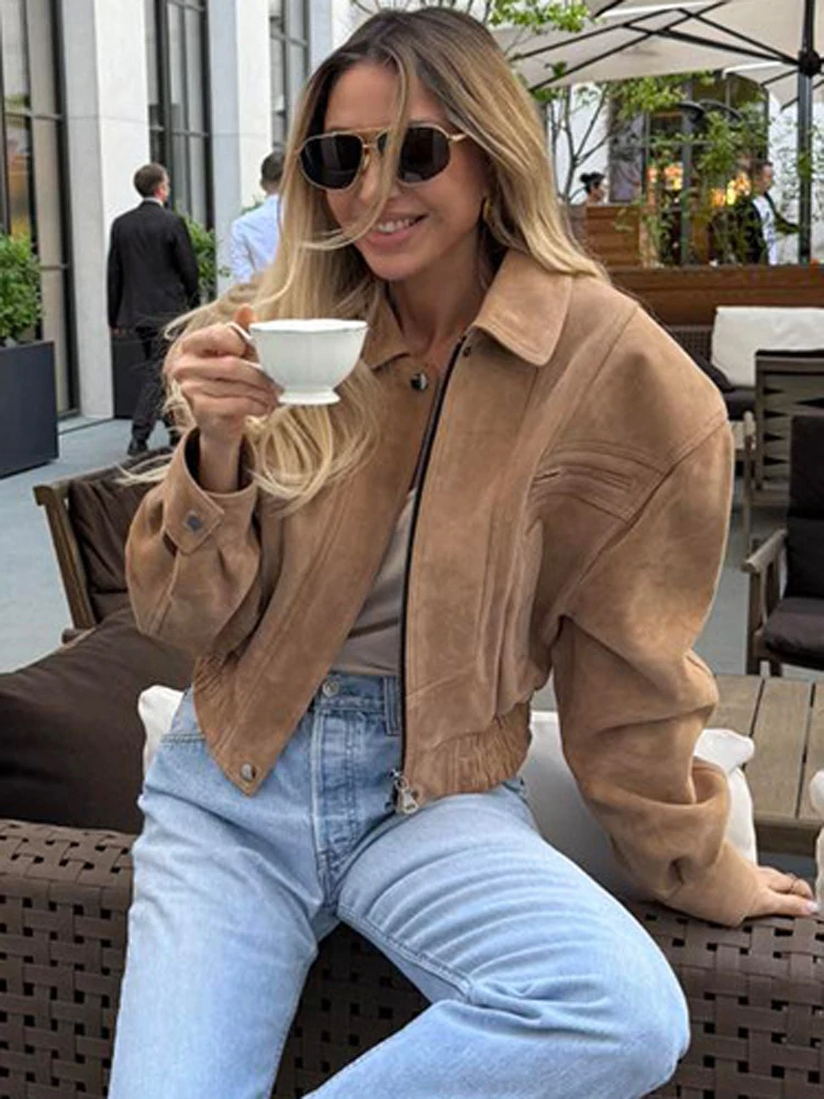 FSMG Vintage Solid Suede Lapel Jacket For Women Casual Long Sleeve Pocket Zipper Short Coat Lady High Street Motorcycle Outwears