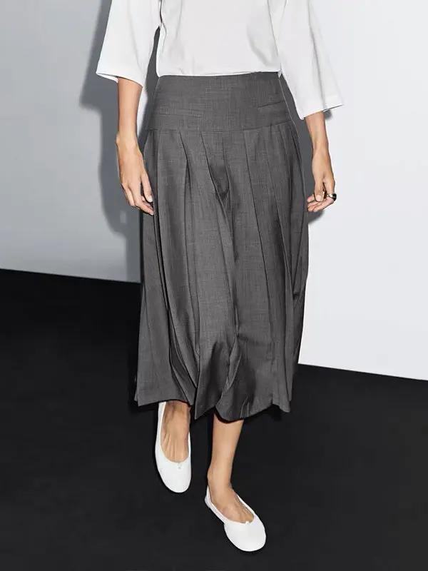 Grey Series High Intelligence Fashion Commuter Style Midi A-Line Pleated Half Skirt Women's Polyester Fiber Micro Stretch Cas...
