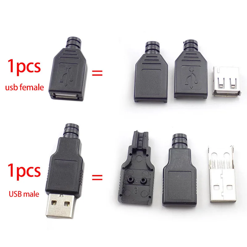 USB 2.0 macho e fêmea 4 pinos soquete adaptador, conector de solda com tampa plástica preta, plugue DIY, tipo A, 1 pc, 5 pcs, 10pcs